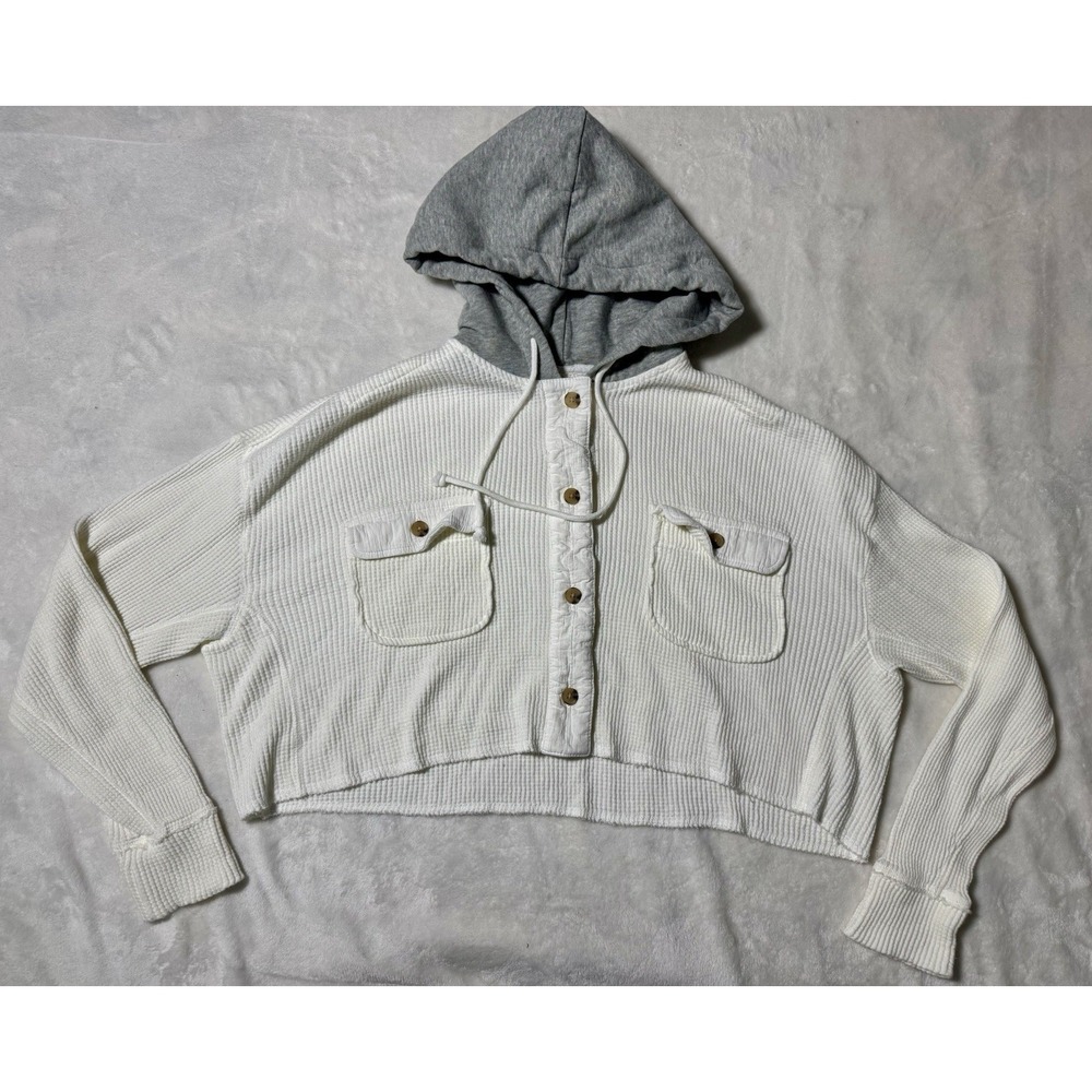 Aeropostale Waffle Jacket Button Front Cropped White Gray Hood Small (B4)